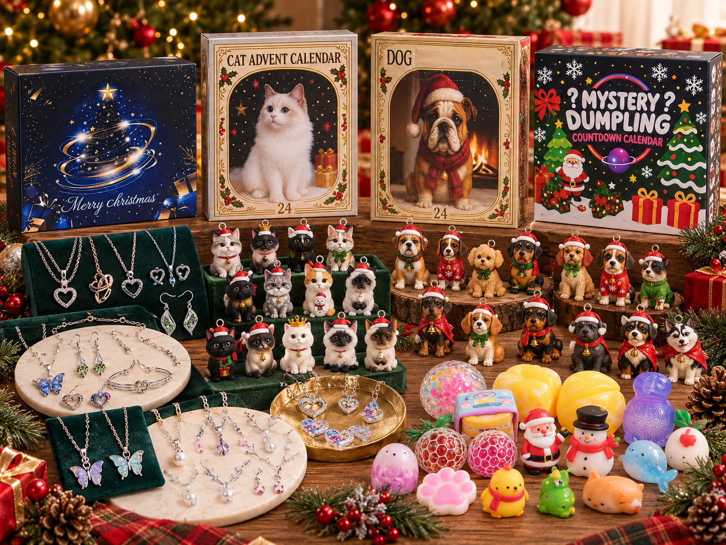 The four advent calendars displayed with their jewelry, cat ornaments, dog ornaments, and squishy toy surprises