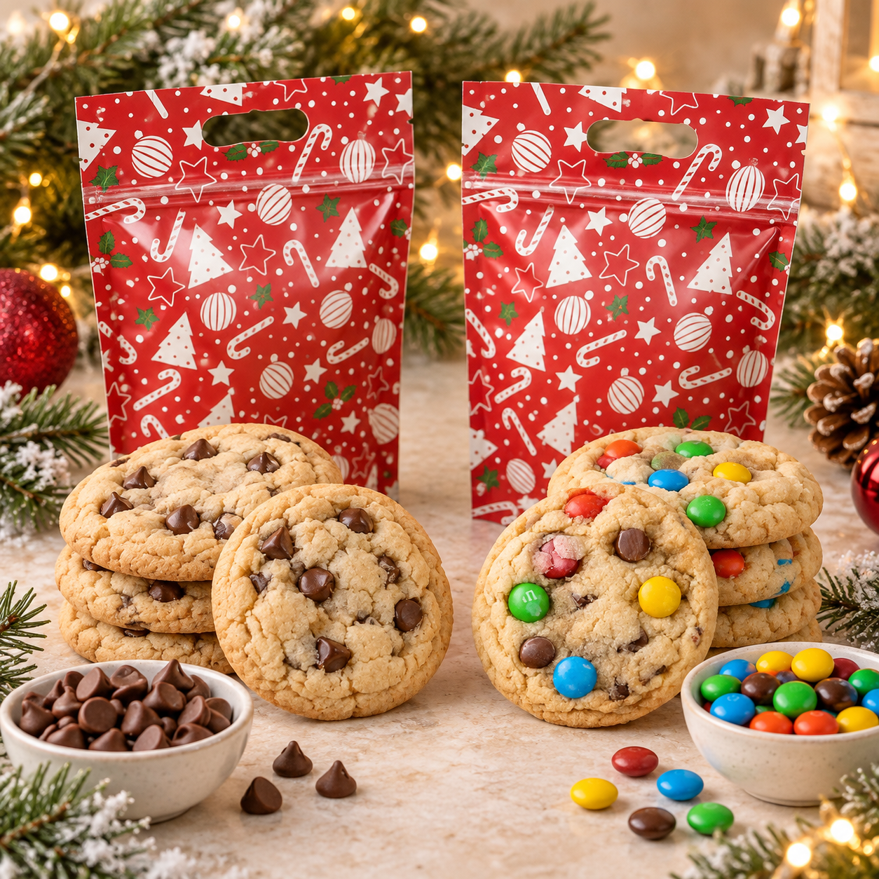 Red Christmas cookie bags with chocolate chip and M&M cookies