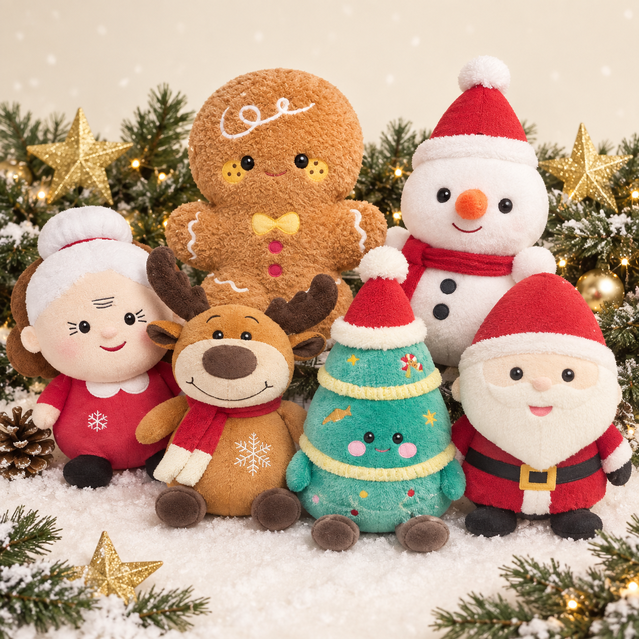 An assortment of colorful mystery plush friends from the North Pole