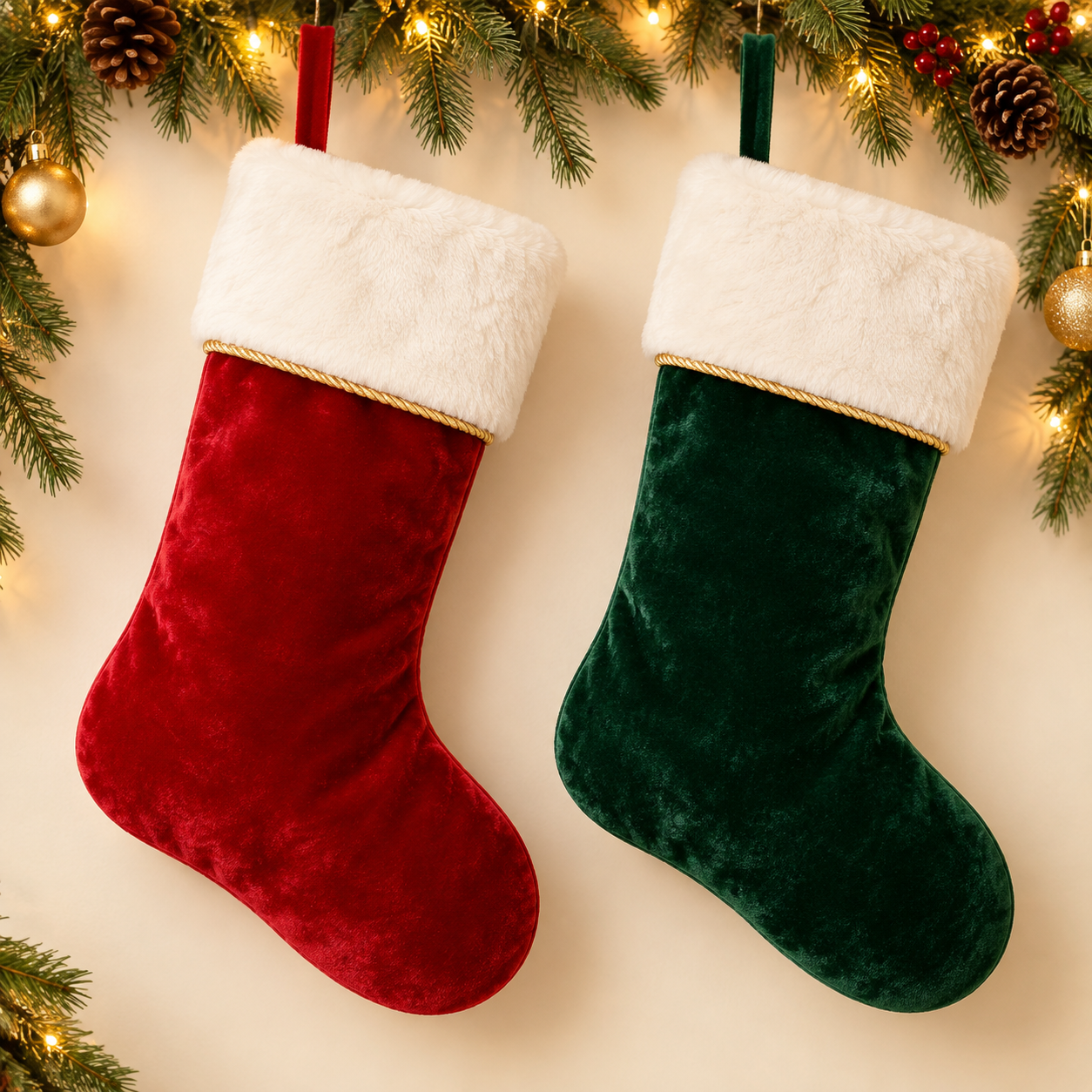 Traditional red and green velvet Christmas stockings with cream cuffs