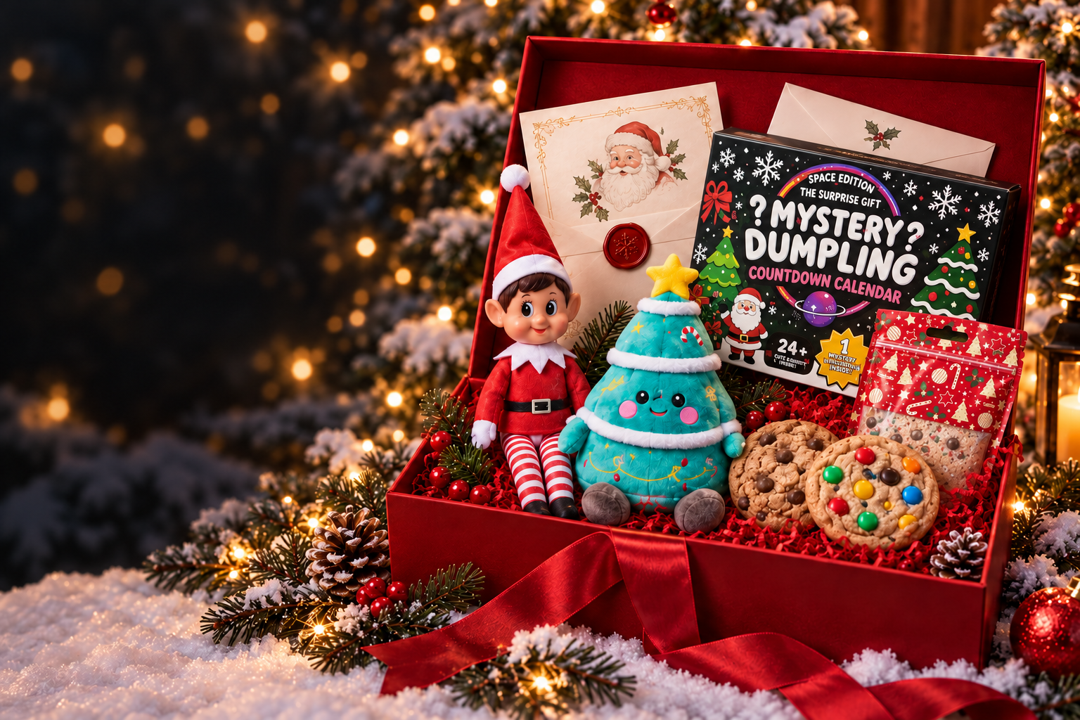 An open red Santa's Light Box with the gifts clearly displayed