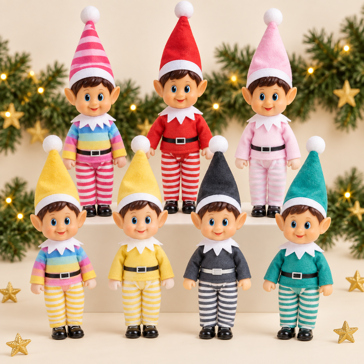 All seven possible mystery elves in red, pink, rainbow, yellow, charcoal, and teal outfits